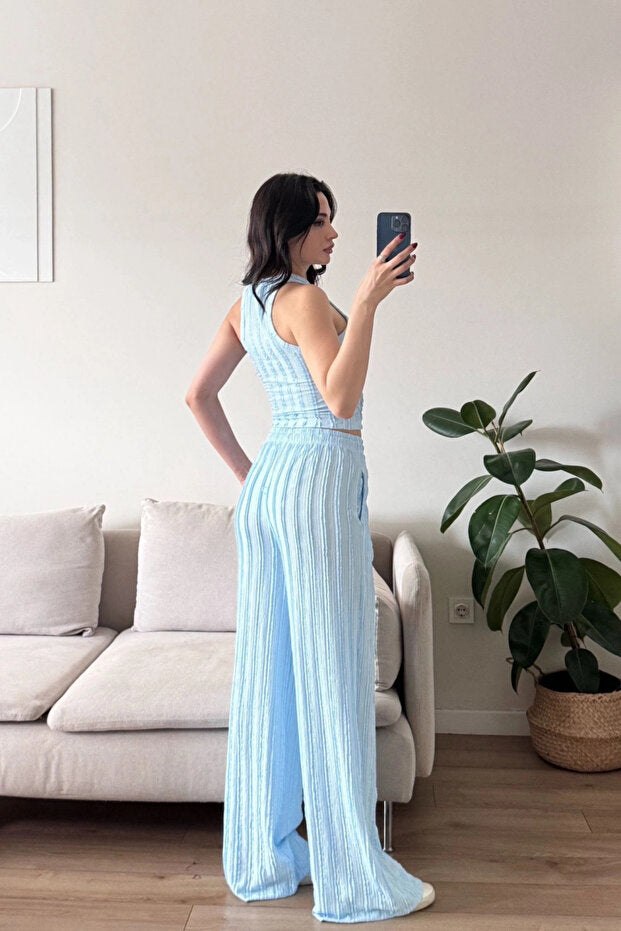 Ters Dikiş Gagari Kumaş Halter Bluz Palazzo Pantolon İkili Takım