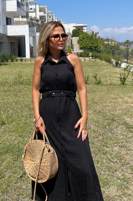 Kolsuz Uzun Maxi Boy Elbise Siyah