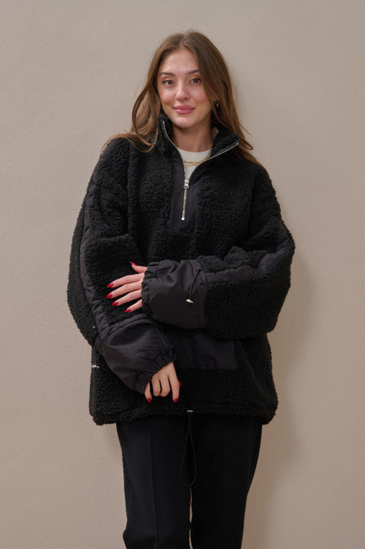 Fermuarlı Oversize Kesim Peluş Sweatshirt