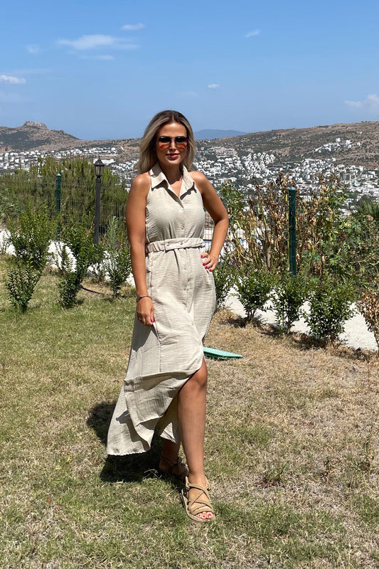 Kolsuz Uzun Maxi Boy Elbise Taş