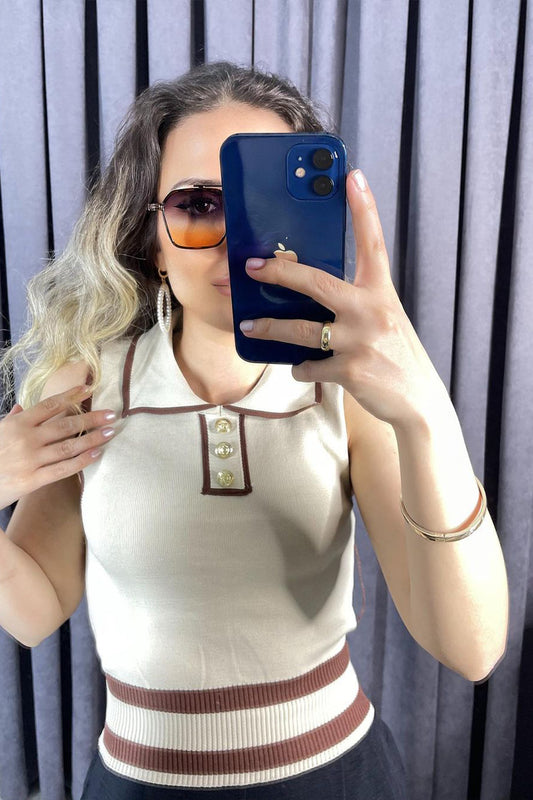 Polo Yaka Düğme Detaylı Dar Kalıp İnce Triko Bluz Mavi