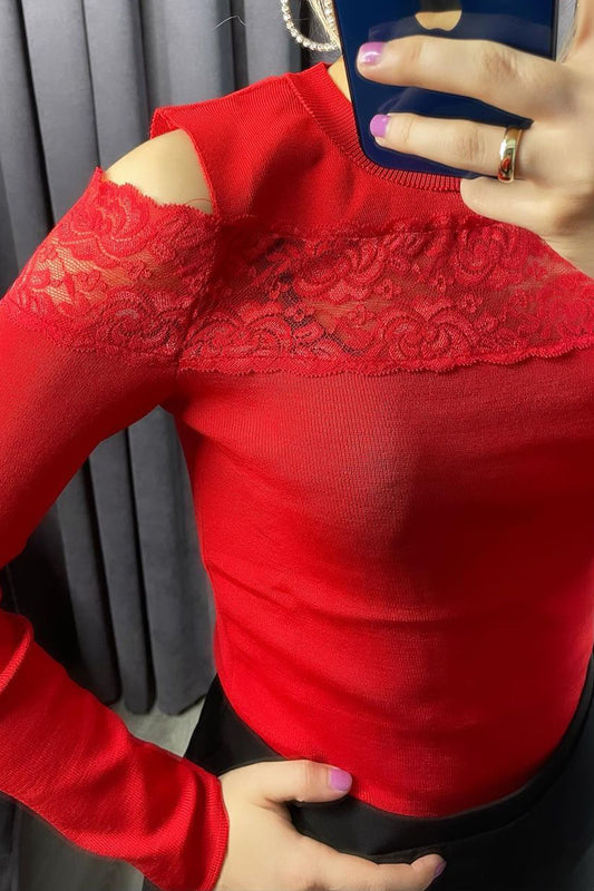 Omuz Detaylı Triko Bluz Kırmızı