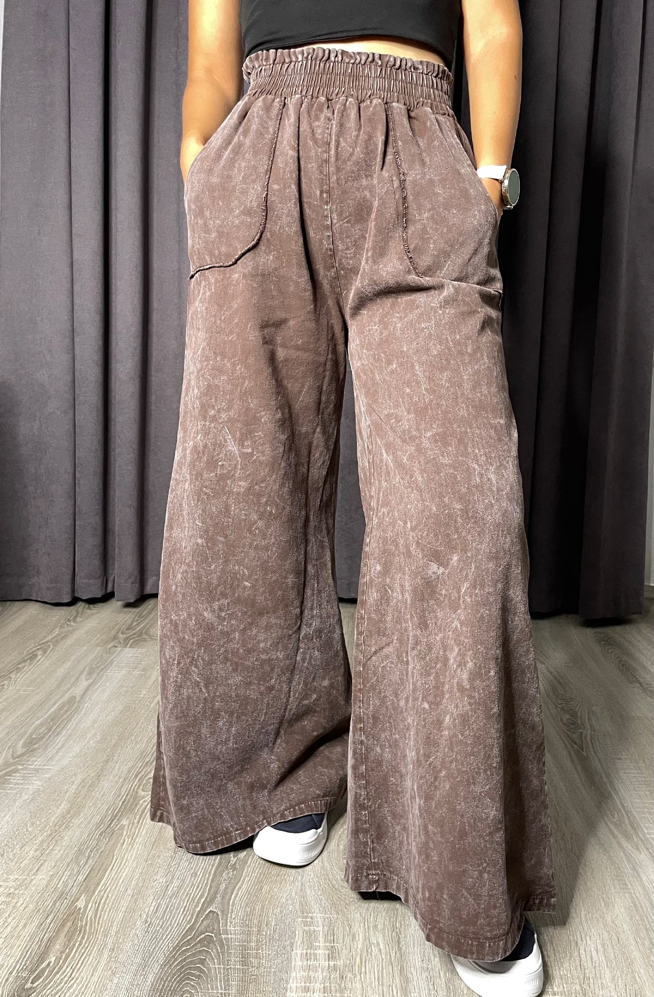 Yüksek Bel Beli Lastikli İspanyol Paça Gabardin Palazzo Pantolon