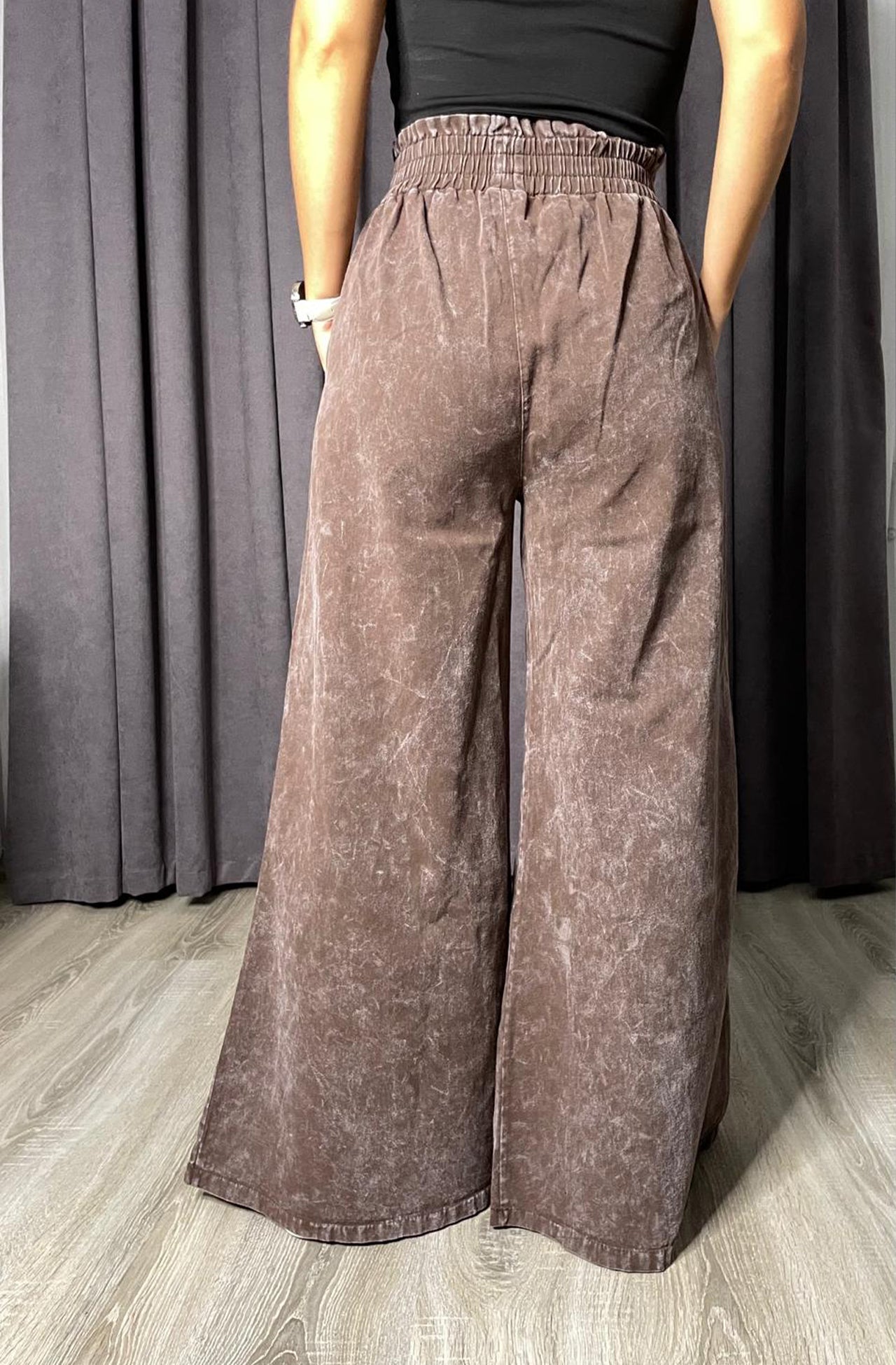 Yüksek Bel Beli Lastikli İspanyol Paça Gabardin Palazzo Pantolon