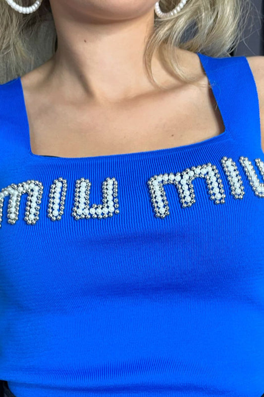 Önü İnci Detaylı Miu Miu Triko Mavi Bluz