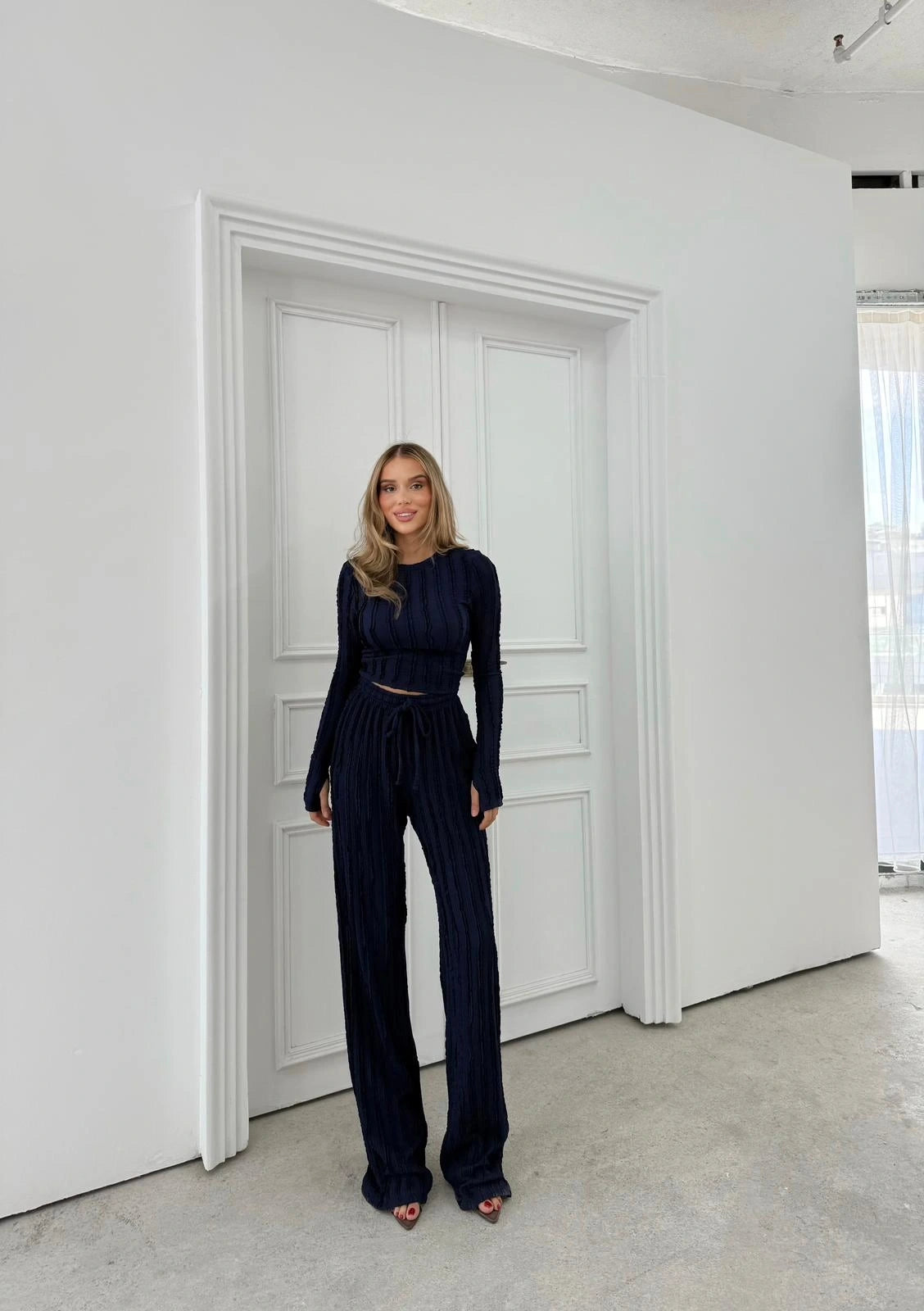 Ters Dikiş Gagari Kumaş Bluz Ve Pantolon İkili Takım Tam Kalıp