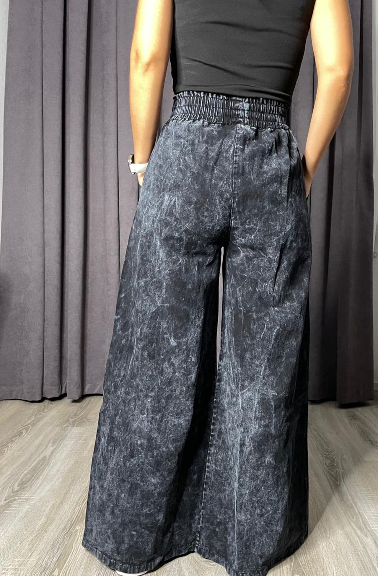 Yüksek Bel Beli Lastikli İspanyol Paça Gabardin Palazzo Pantolon