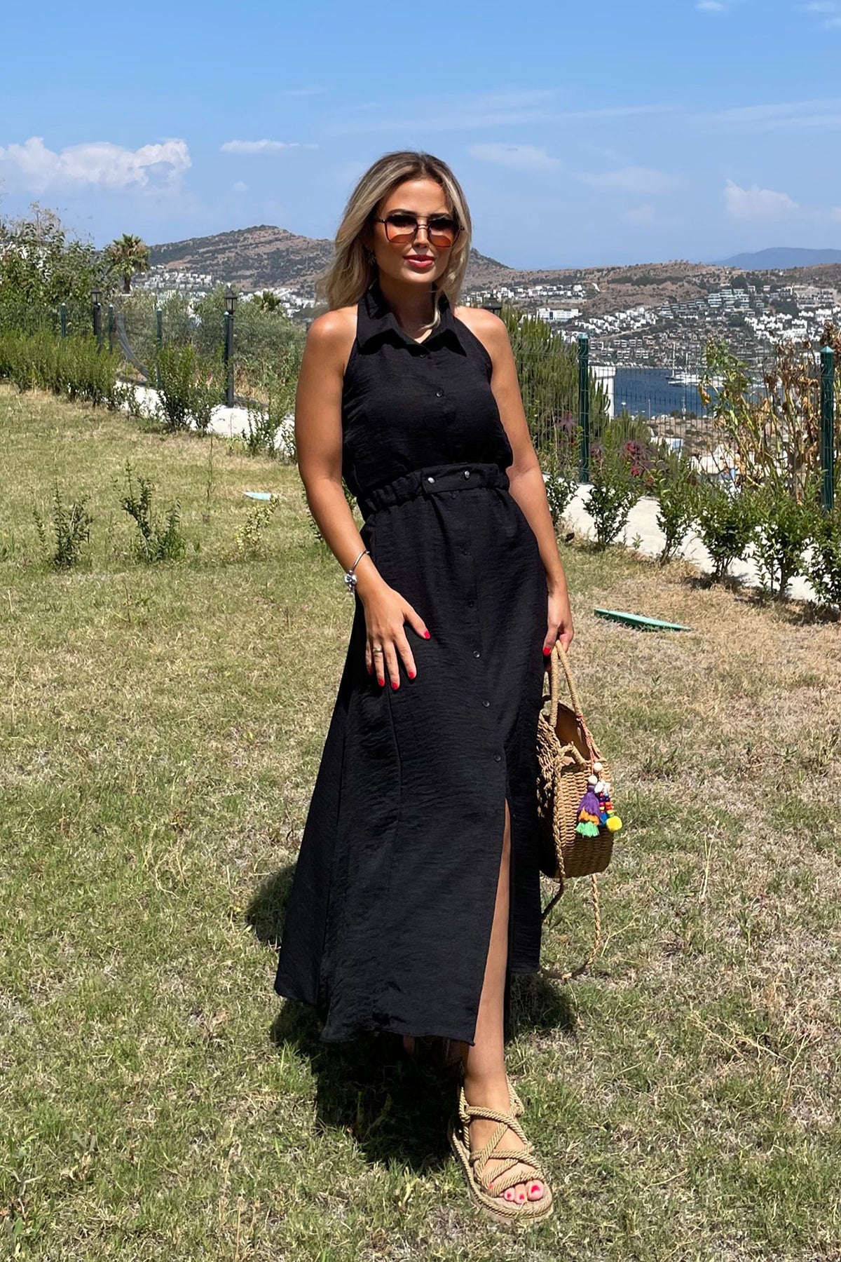 Kolsuz Uzun Maxi Boy Elbise Siyah