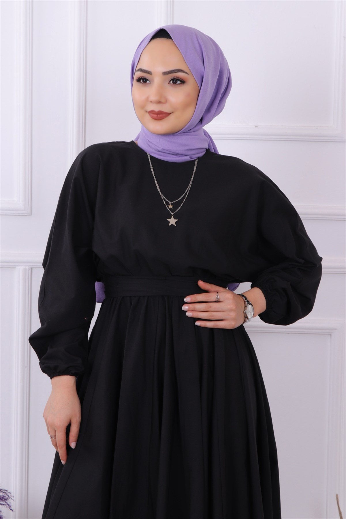 Kadın Tesettür Uzun Kloş Mevlana Günlük İç Göstermeyen Kuşaklı Elbise