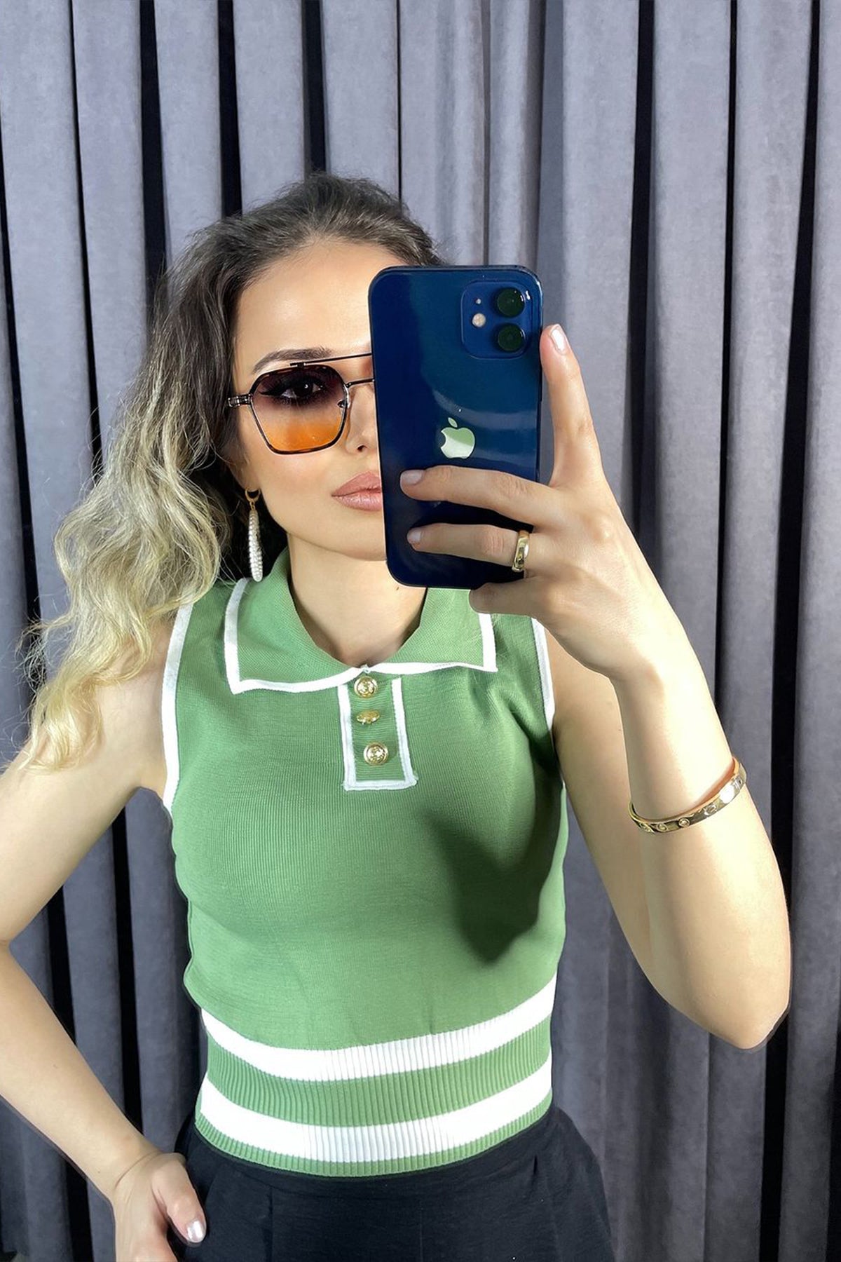 Polo Yaka Düğme Detaylı Dar Kalıp İnce Triko Bluz Mavi