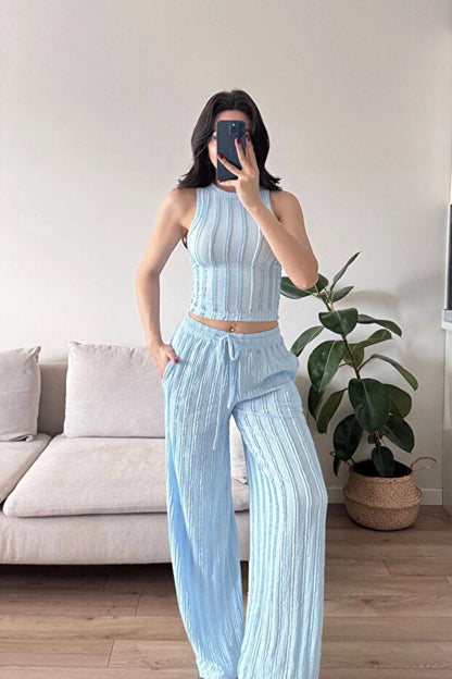 Ters Dikiş Gagari Kumaş Halter Bluz Palazzo Pantolon İkili Takım