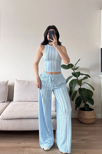Ters Dikiş Gagari Kumaş Halter Bluz Palazzo Pantolon İkili Takım