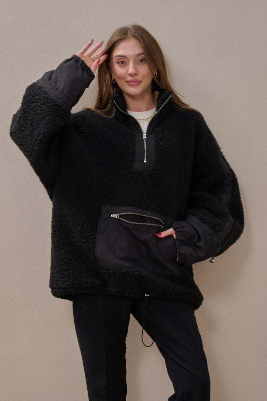Fermuarlı Oversize Kesim Peluş Sweatshirt