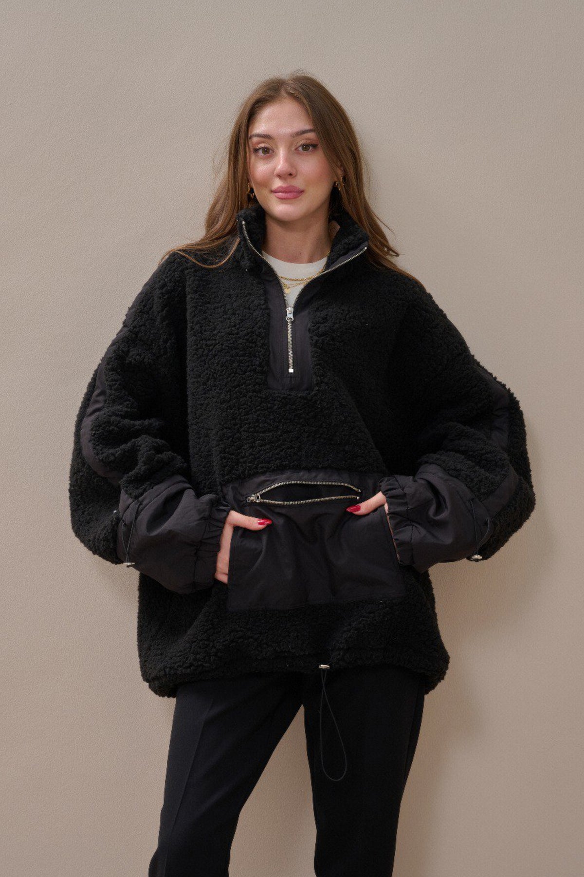 Fermuarlı Oversize Kesim Peluş Sweatshirt