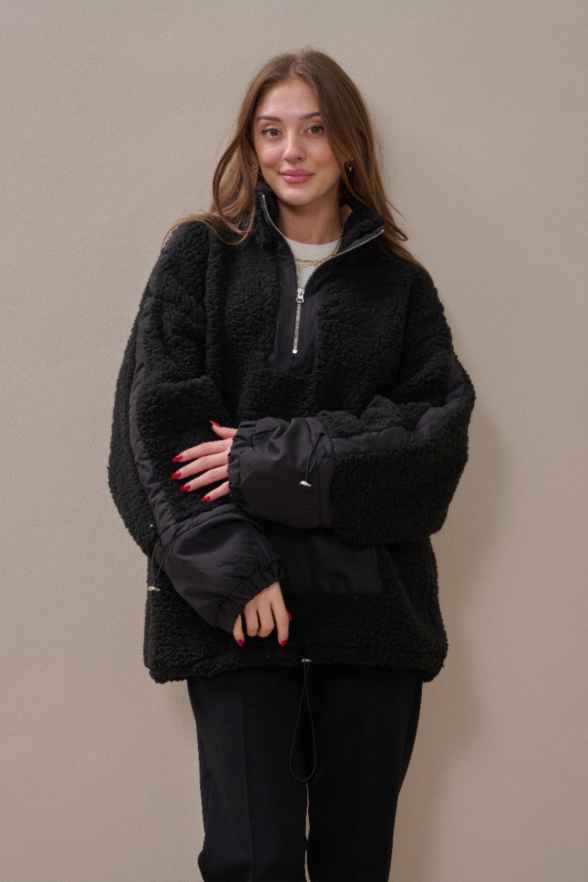 Fermuarlı Oversize Kesim Peluş Sweatshirt