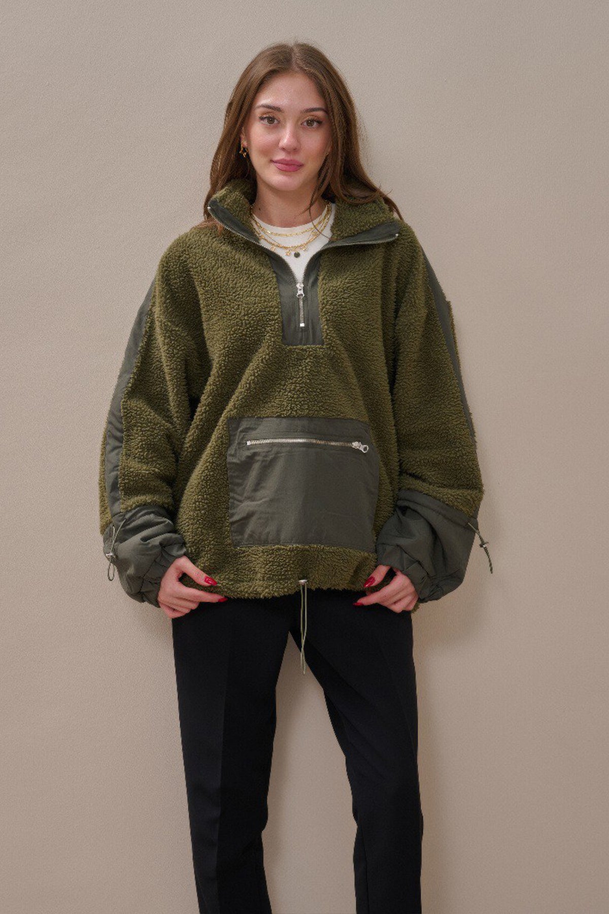 Fermuarlı Oversize Kesim Peluş Sweatshirt