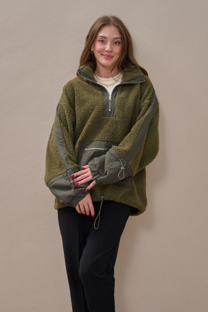 Fermuarlı Oversize Kesim Peluş Sweatshirt