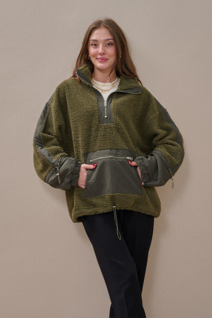 Fermuarlı Oversize Kesim Peluş Sweatshirt