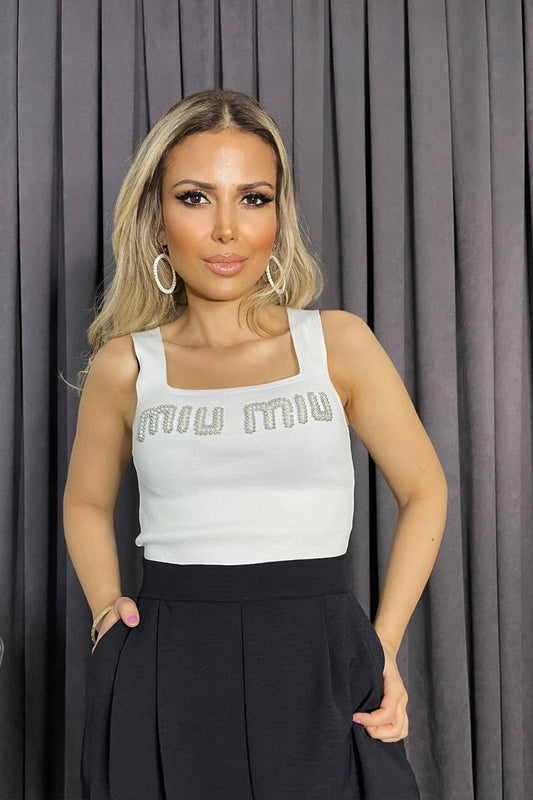 Önü İnci Detaylı Miu Miu Triko Bluz