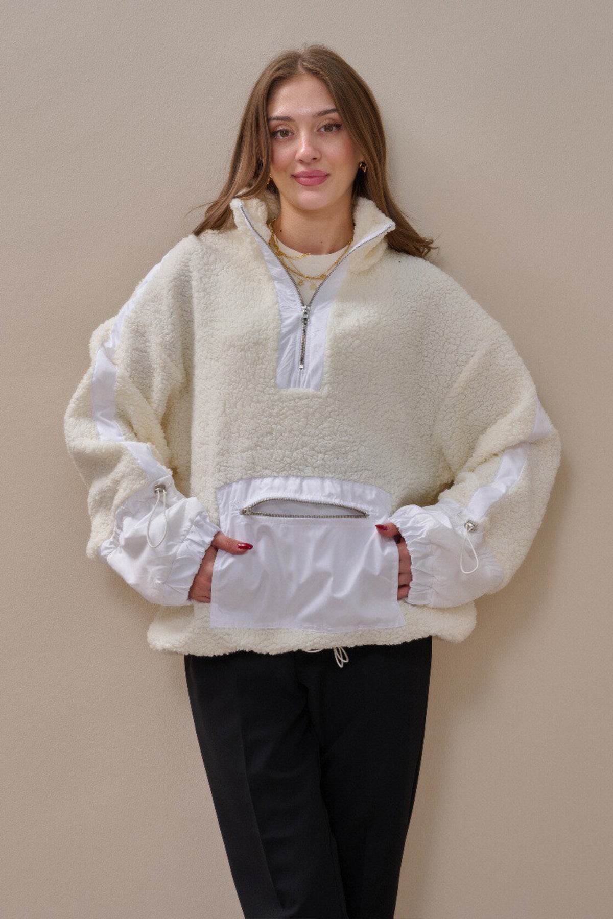 Fermuarlı Oversize Kesim Peluş Sweatshirt