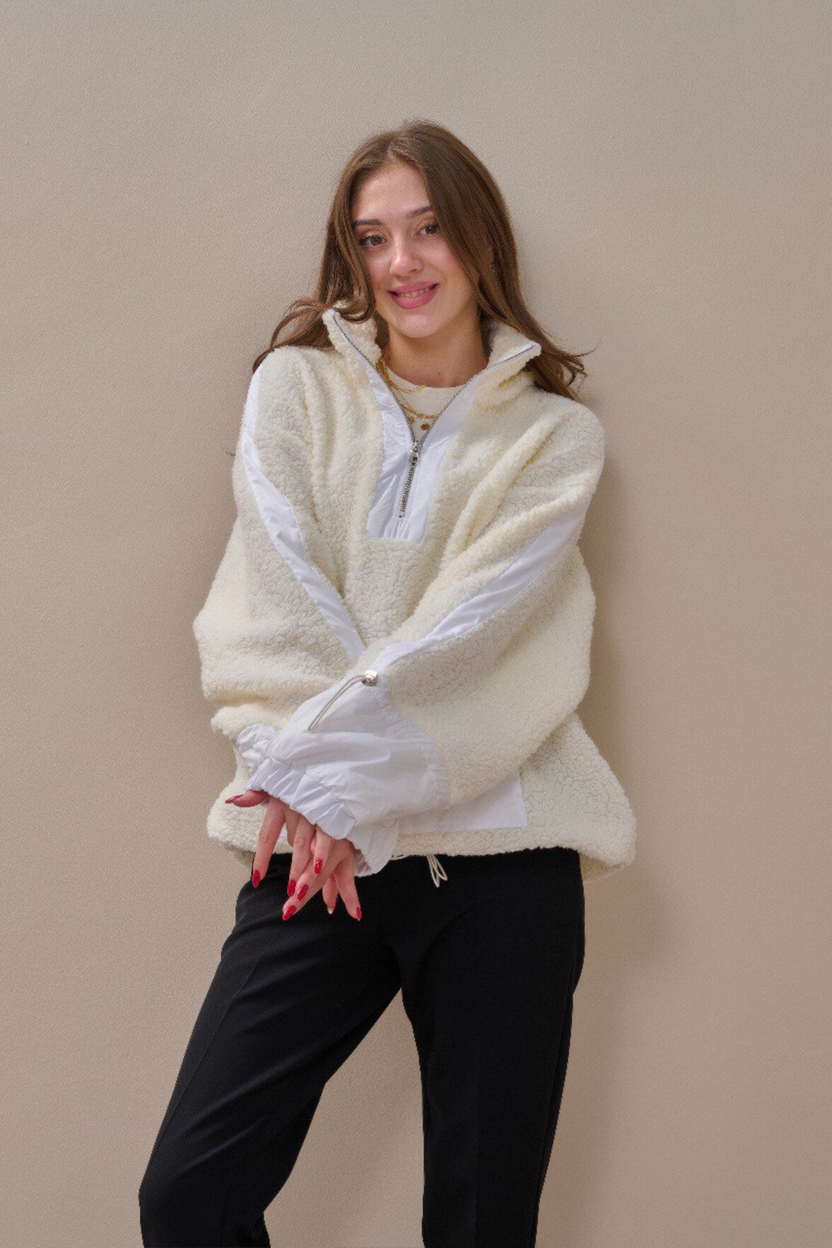 Fermuarlı Oversize Kesim Peluş Sweatshirt