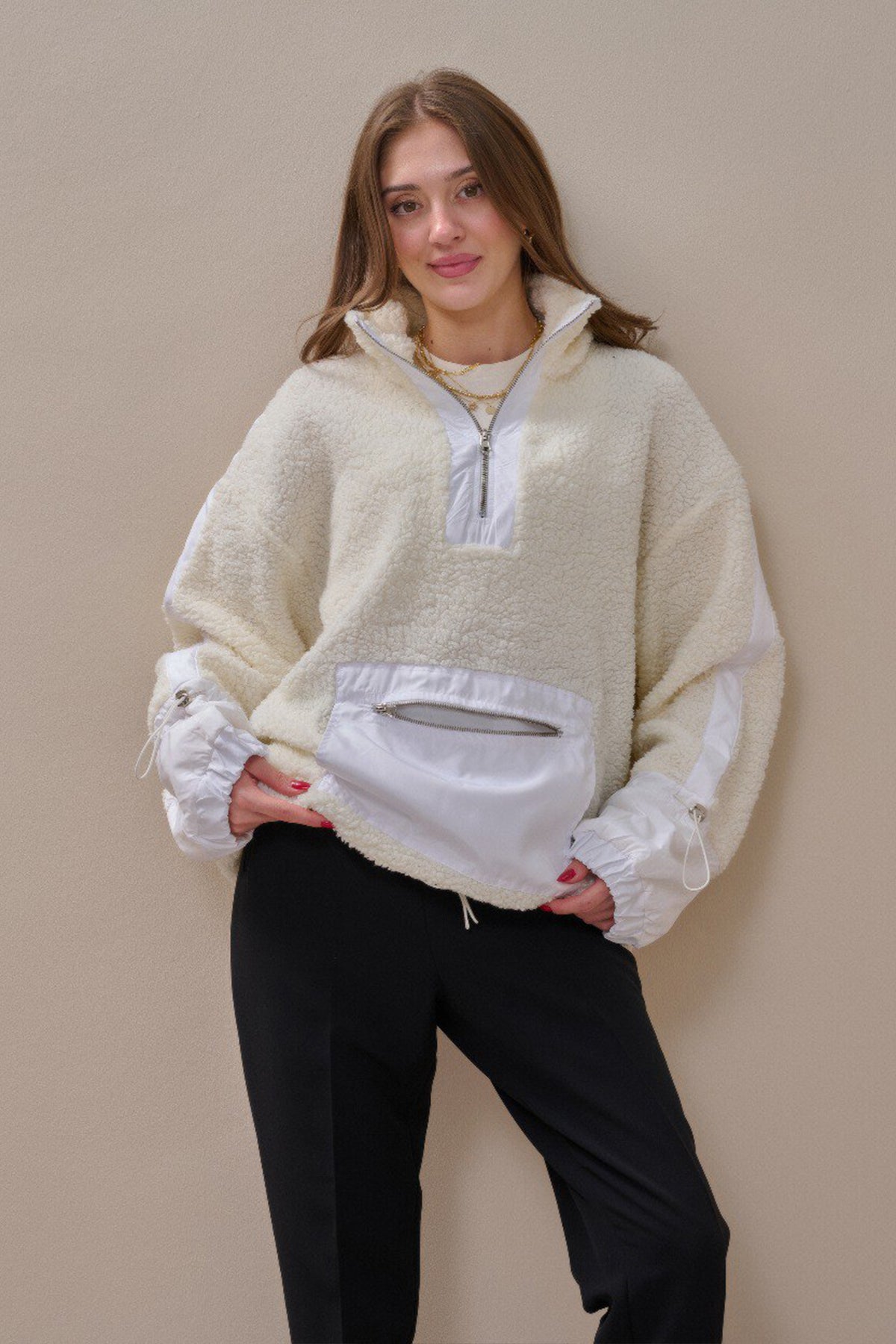 Fermuarlı Oversize Kesim Peluş Sweatshirt