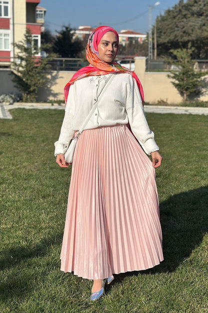 Sık Pileli Deri Görünümlü Etek