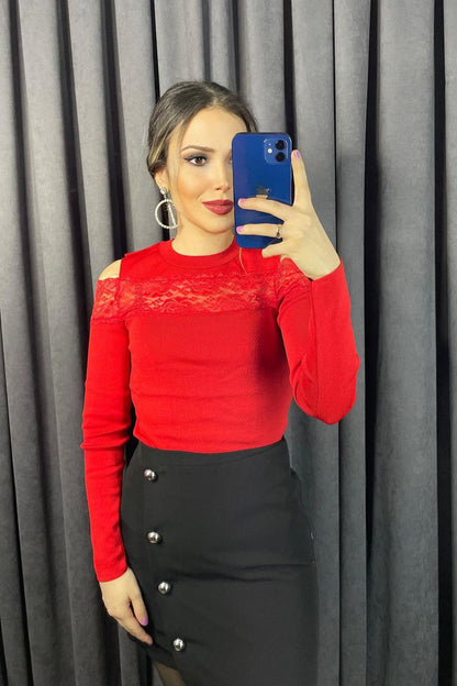 Omuz Detaylı Triko Bluz Kırmızı