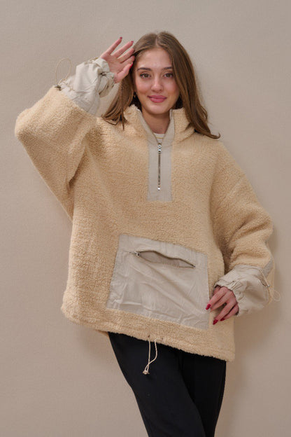 Fermuarlı Oversize Kesim Peluş Sweatshirt