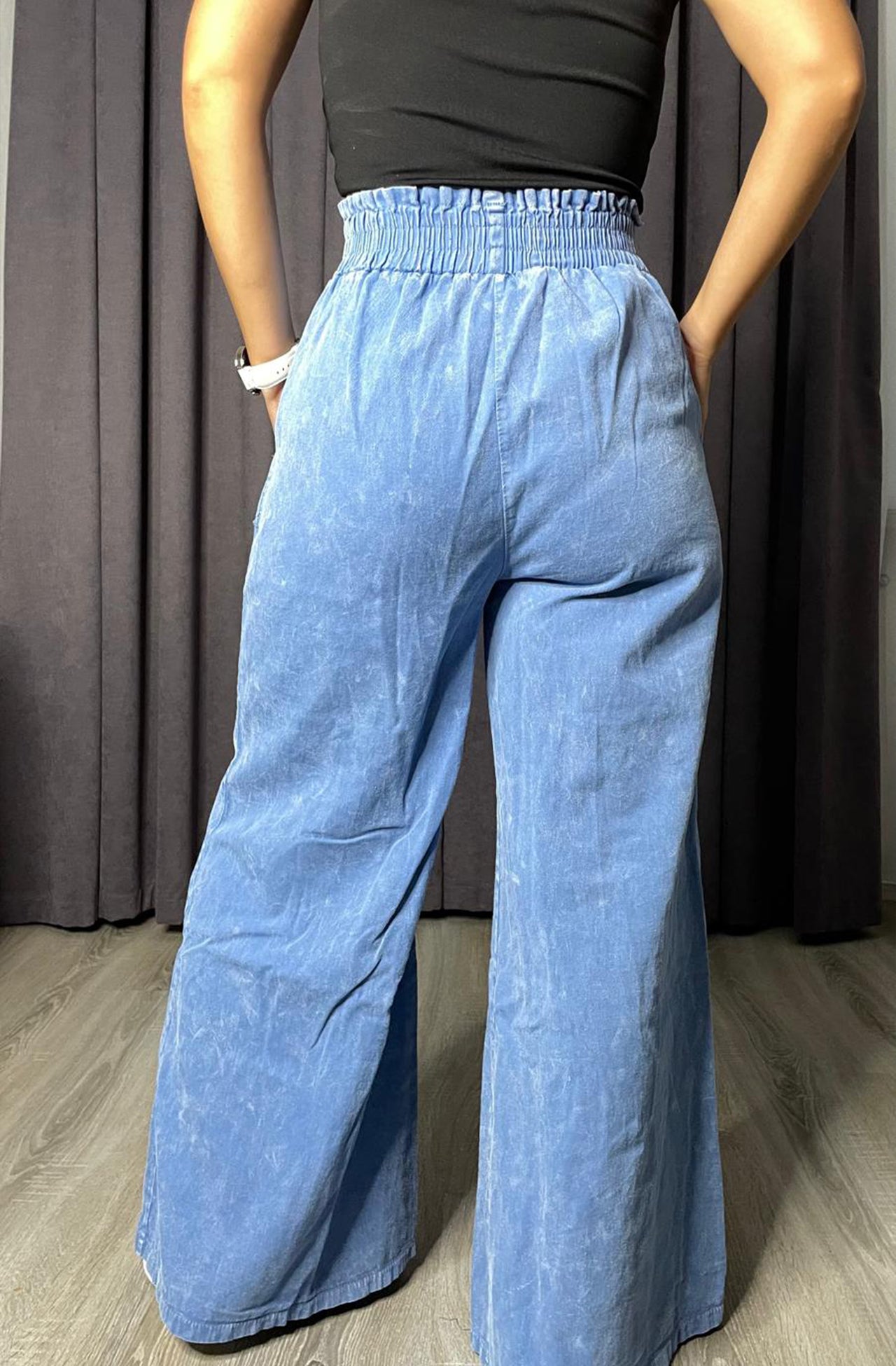 Yüksek Bel Beli Lastikli İspanyol Paça Gabardin Palazzo Pantolon