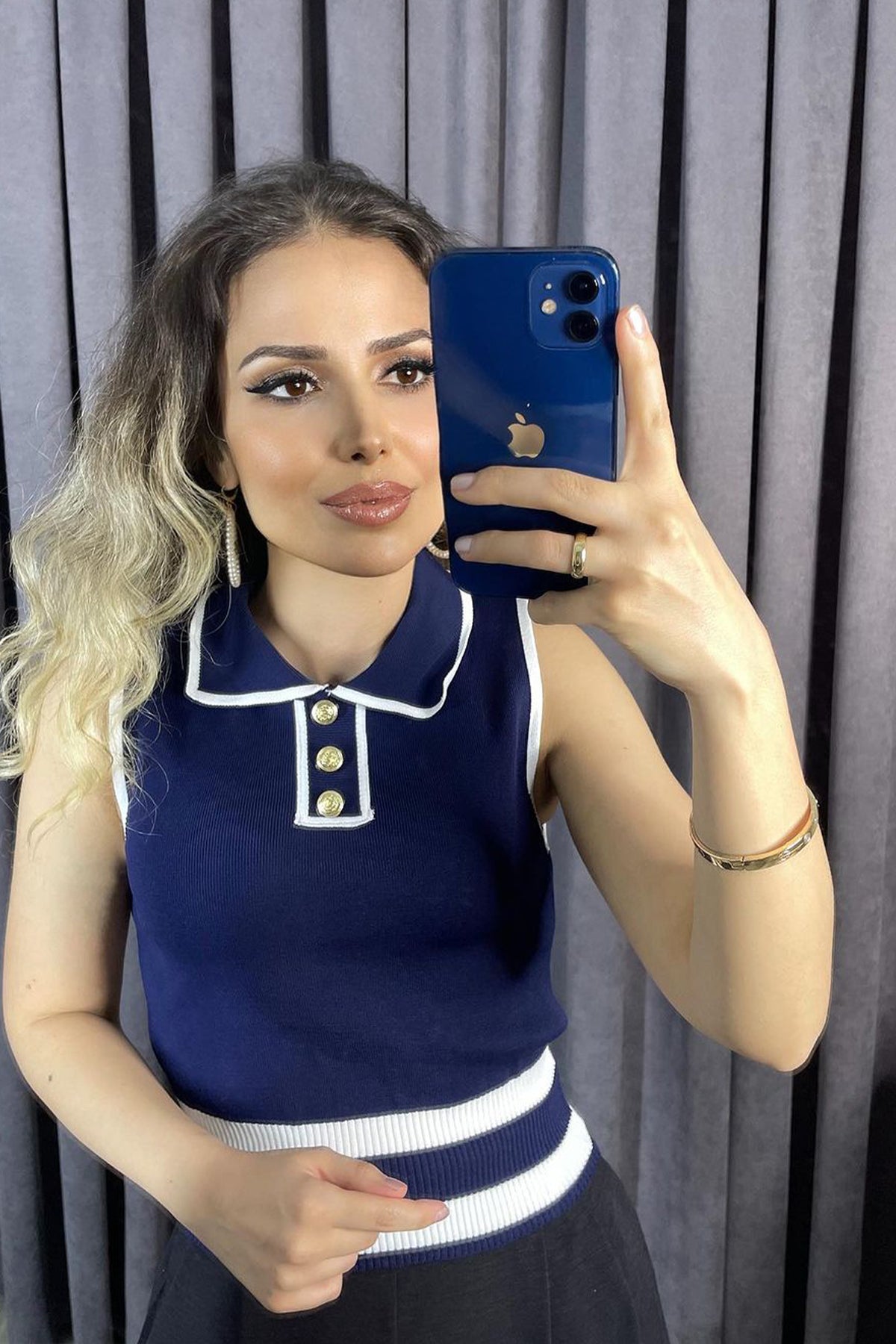 Polo Yaka Düğme Detaylı Dar Kalıp İnce Triko Bluz Mavi