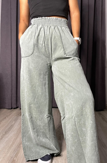 Yüksek Bel Beli Lastikli İspanyol Paça Gabardin Palazzo Pantolon