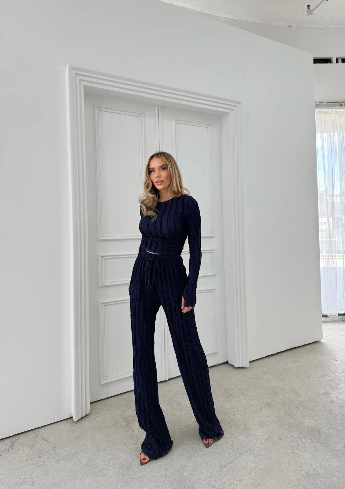 Ters Dikiş Gagari Kumaş Bluz Ve Pantolon İkili Takım Tam Kalıp