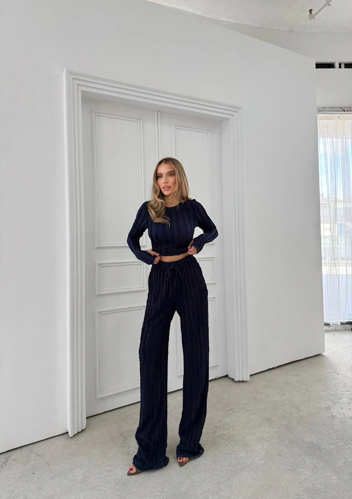 Ters Dikiş Gagari Kumaş Bluz Ve Pantolon İkili Takım Tam Kalıp