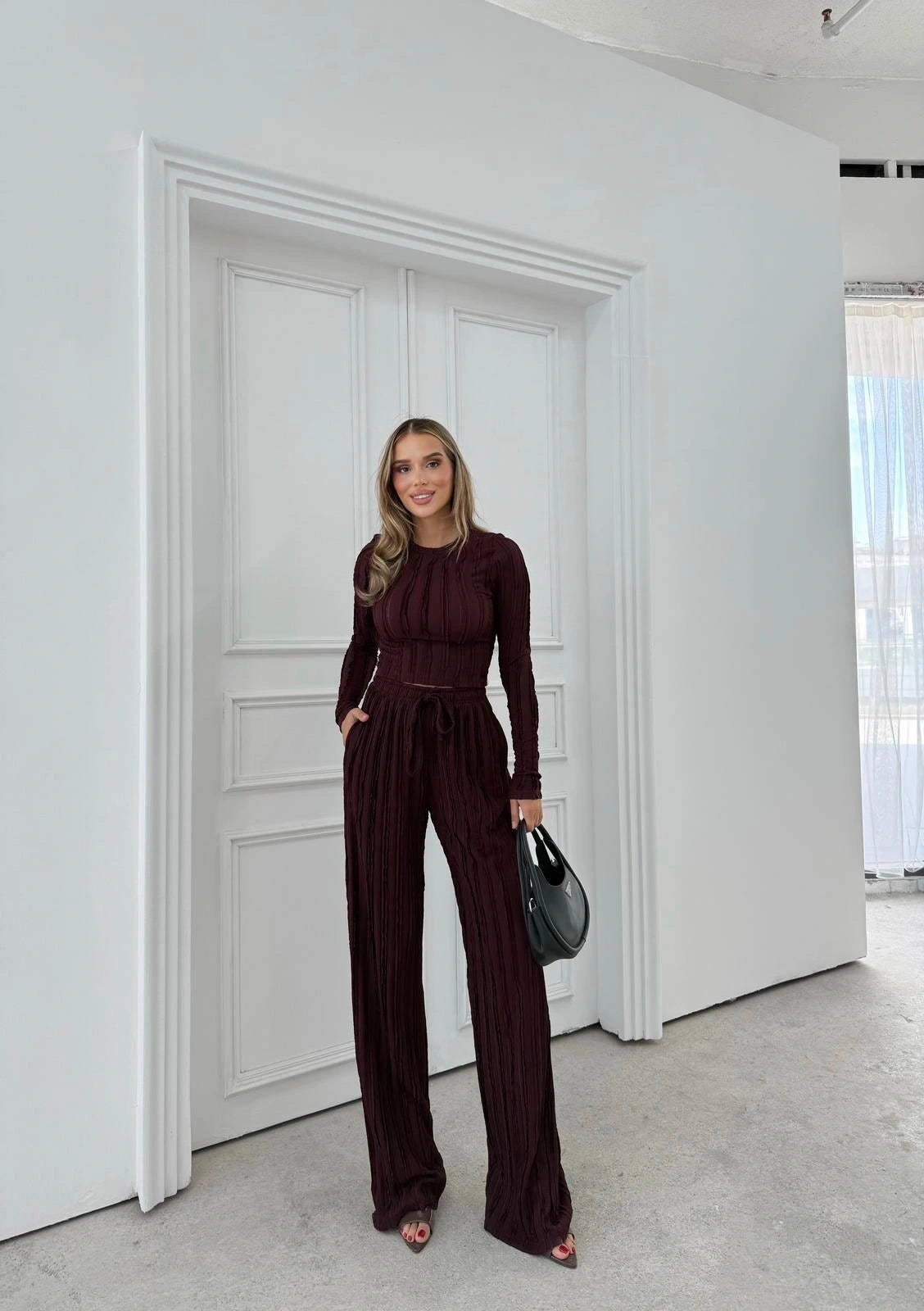 Ters Dikiş Gagari Kumaş Bluz Ve Pantolon İkili Takım Tam Kalıp