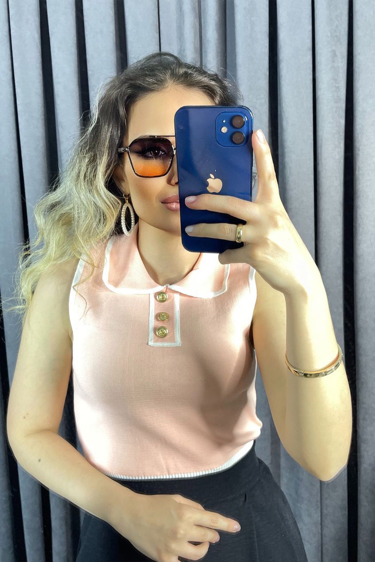 Polo Yaka Düğme Detaylı Dar Kalıp İnce Triko Bluz Mavi