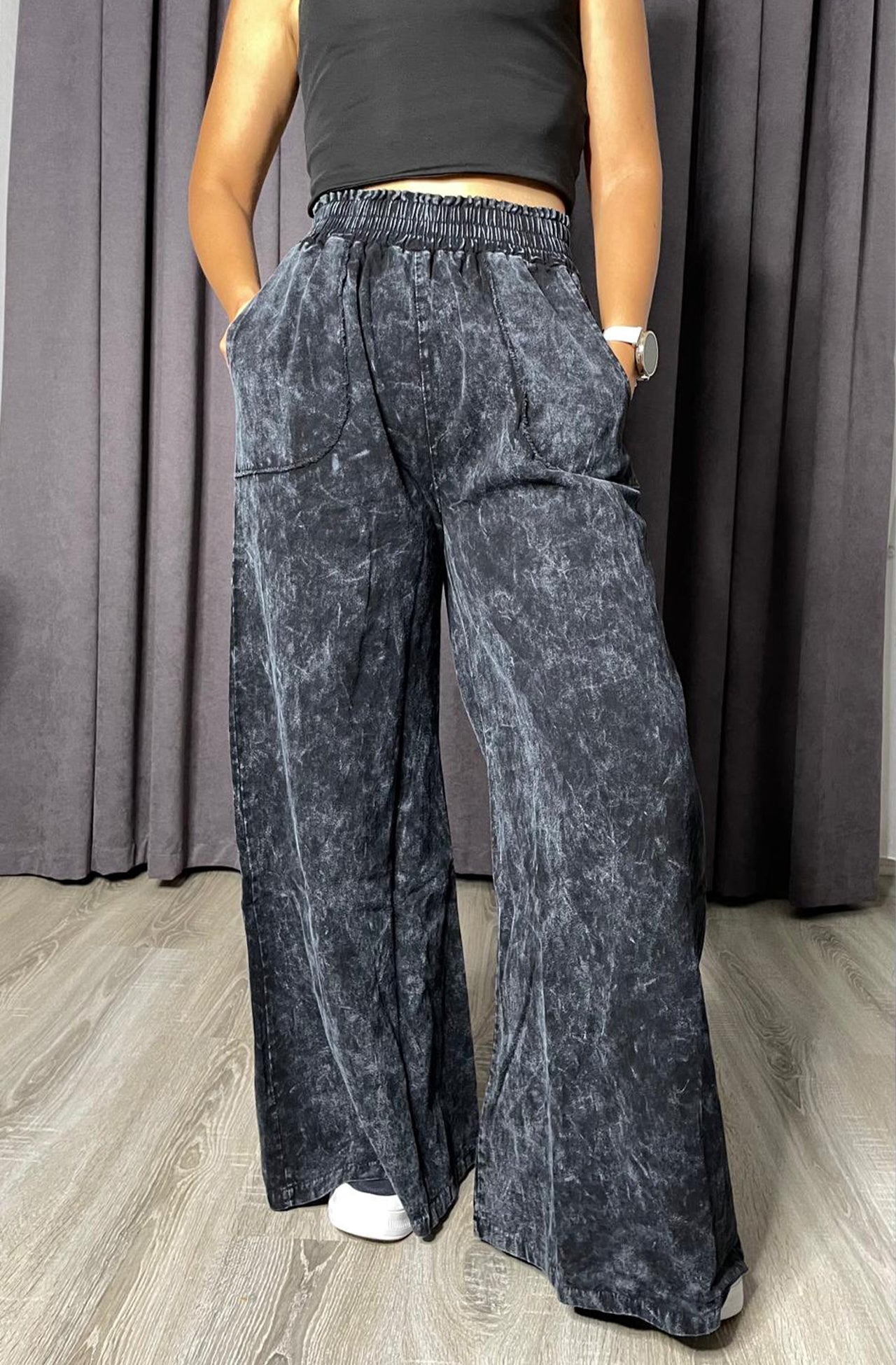 Yüksek Bel Beli Lastikli İspanyol Paça Gabardin Palazzo Pantolon