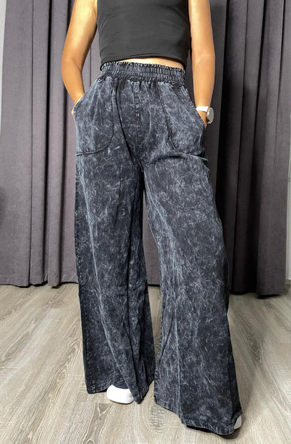 Yüksek Bel Beli Lastikli İspanyol Paça Gabardin Palazzo Pantolon