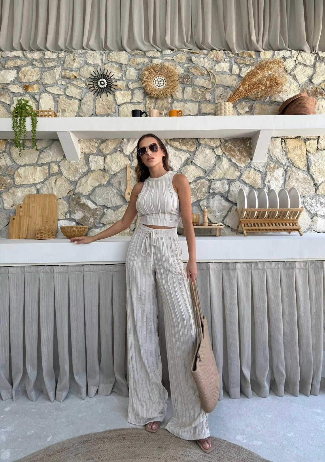 Ters Dikiş Gagari Kumaş Halter Bluz Palazzo Pantolon İkili Takım