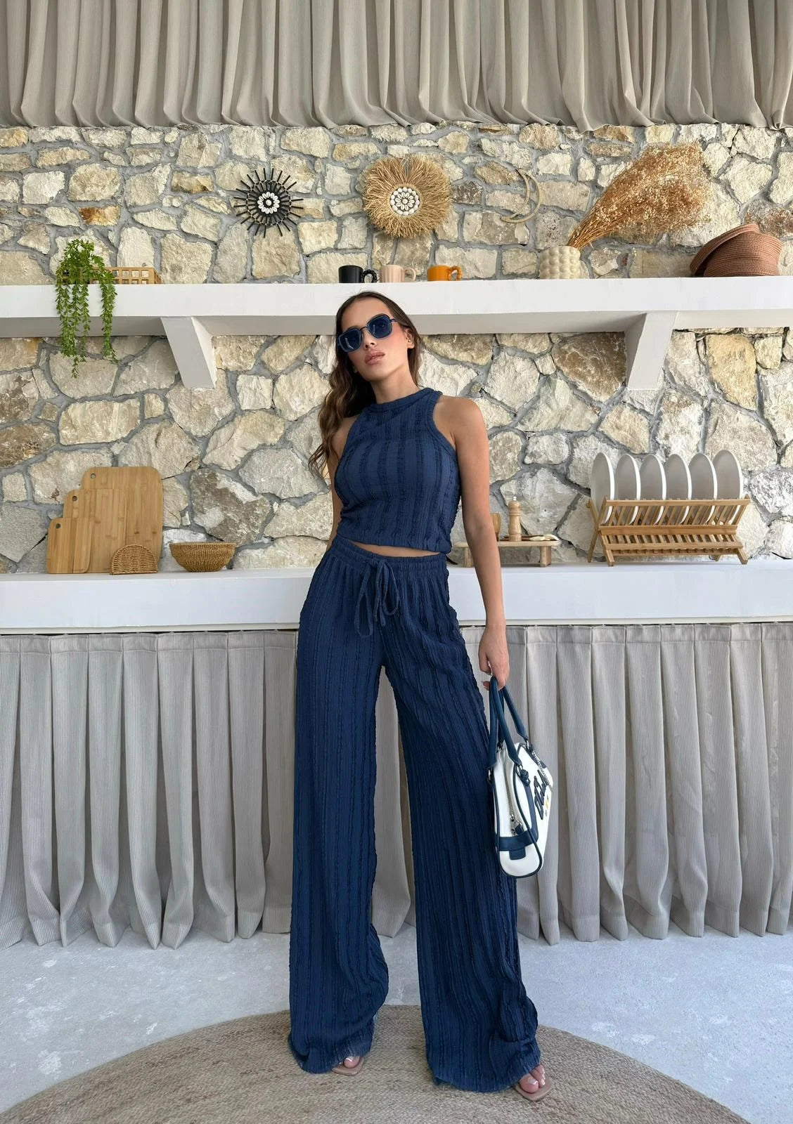 Ters Dikiş Gagari Kumaş Halter Bluz Palazzo Pantolon İkili Takım