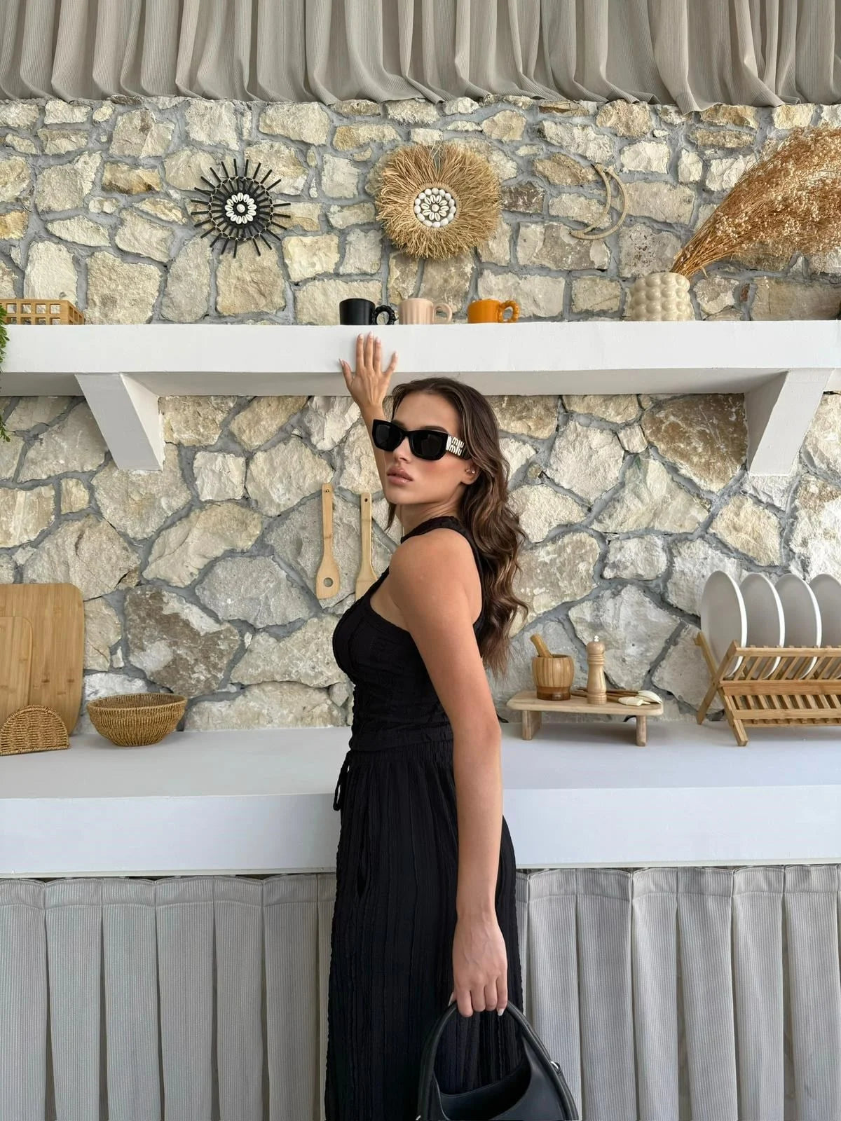 Ters Dikiş Gagari Kumaş Halter Bluz Palazzo Pantolon İkili Takım