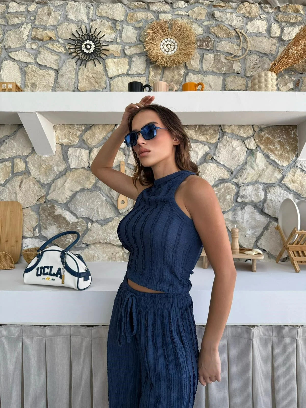 Ters Dikiş Gagari Kumaş Halter Bluz Palazzo Pantolon İkili Takım