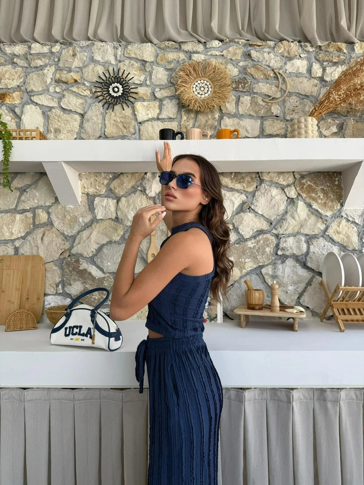 Ters Dikiş Gagari Kumaş Halter Bluz Palazzo Pantolon İkili Takım