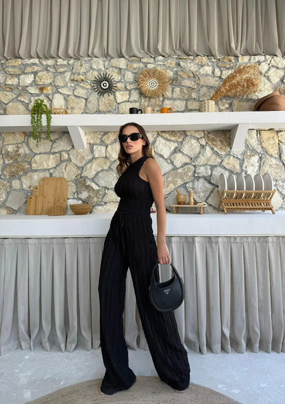 Ters Dikiş Gagari Kumaş Halter Bluz Palazzo Pantolon İkili Takım