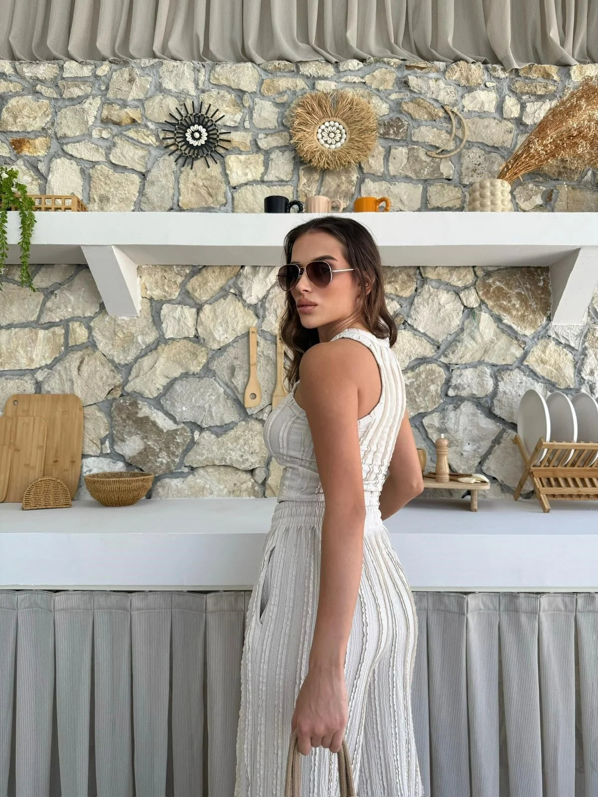 Ters Dikiş Gagari Kumaş Halter Bluz Palazzo Pantolon İkili Takım