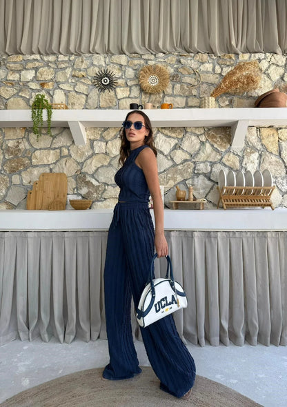 Ters Dikiş Gagari Kumaş Halter Bluz Palazzo Pantolon İkili Takım