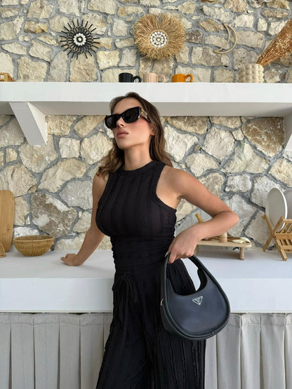 Ters Dikiş Gagari Kumaş Halter Bluz Palazzo Pantolon İkili Takım
