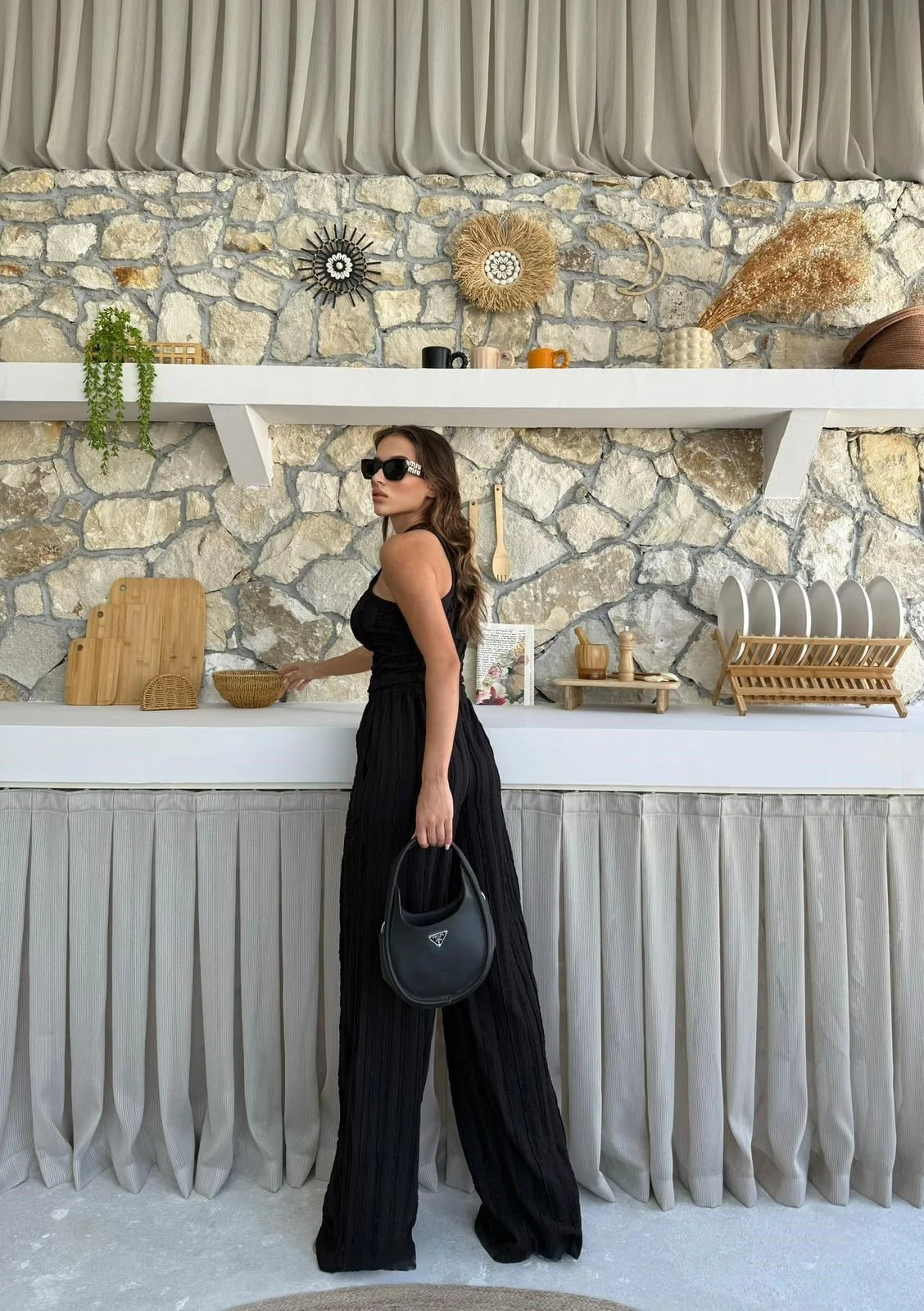 Ters Dikiş Gagari Kumaş Halter Bluz Palazzo Pantolon İkili Takım