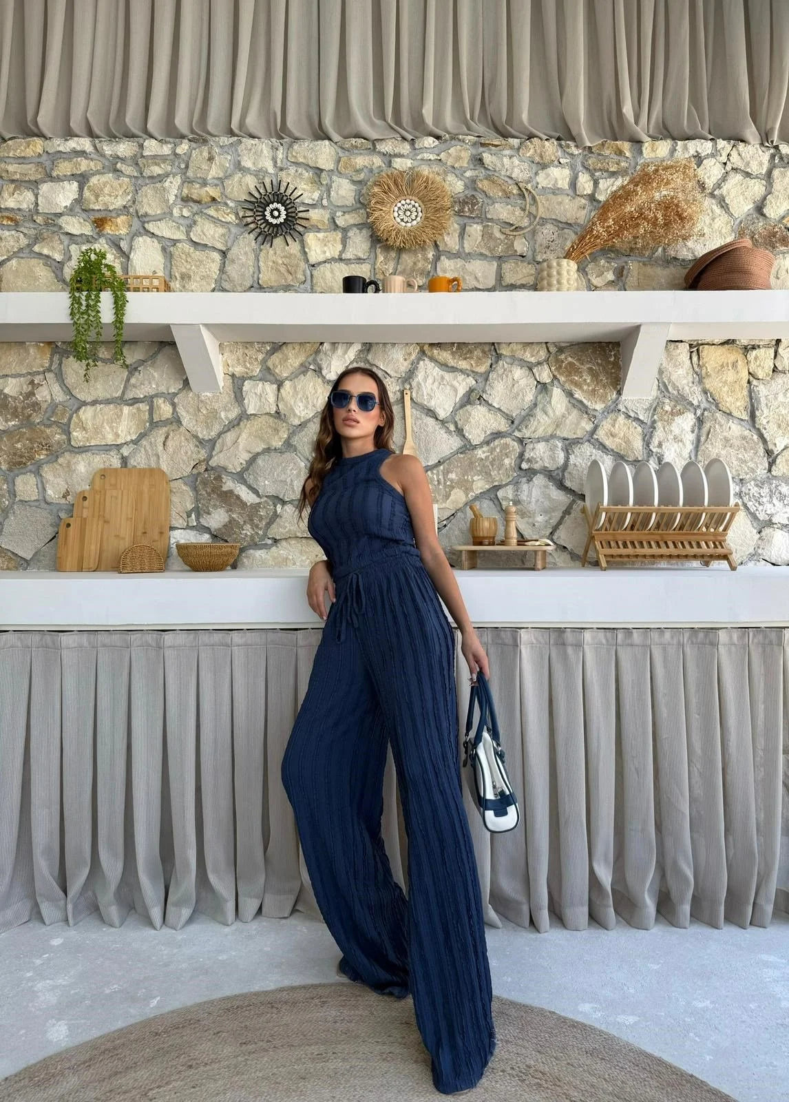 Ters Dikiş Gagari Kumaş Halter Bluz Palazzo Pantolon İkili Takım