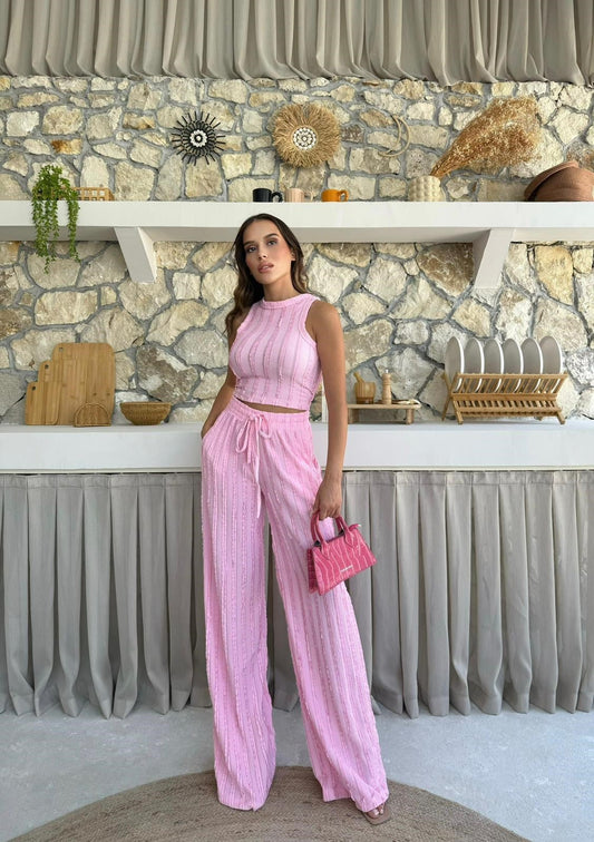 Ters Dikiş Gagari Kumaş Halter Bluz Palazzo Pantolon İkili Takım